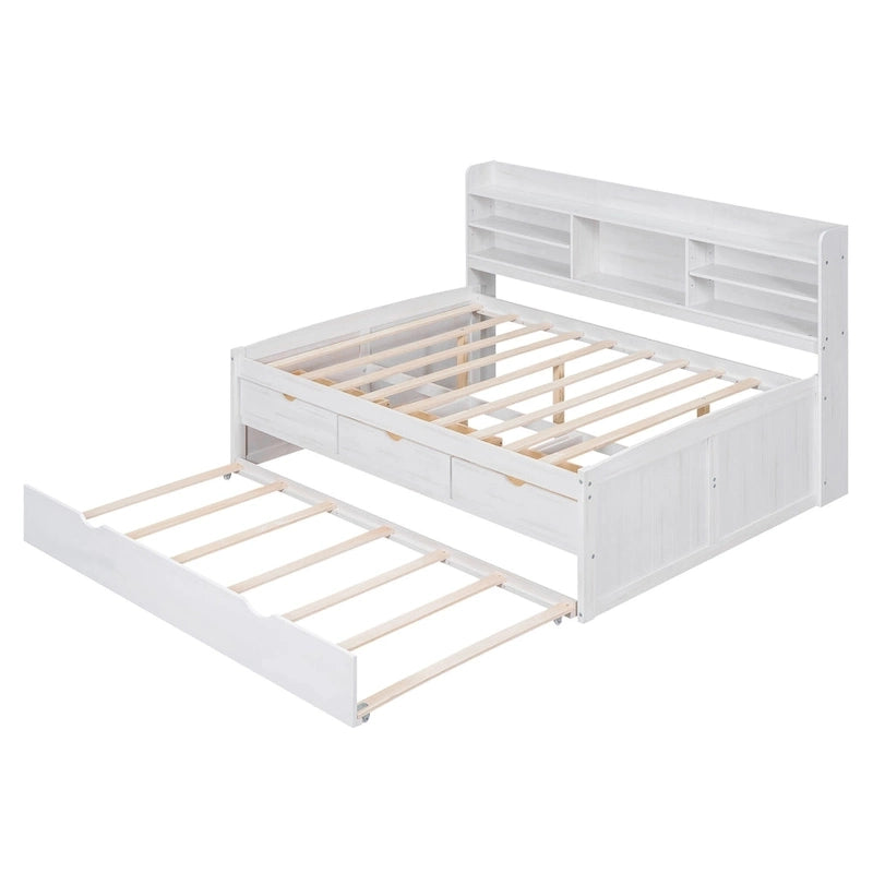 Full Size Wooden Captain Platform Bed with Built-in Bookshelves, Three Storage Drawers and Trundle