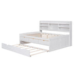 Full Size Wooden Captain Platform Bed with Built-in Bookshelves, Three Storage Drawers and Trundle