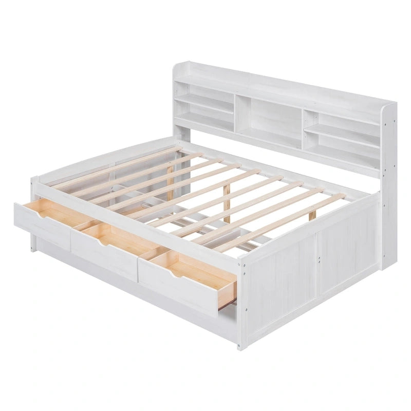 Full Size Wooden Captain Platform Bed with Built-in Bookshelves, Three Storage Drawers and Trundle