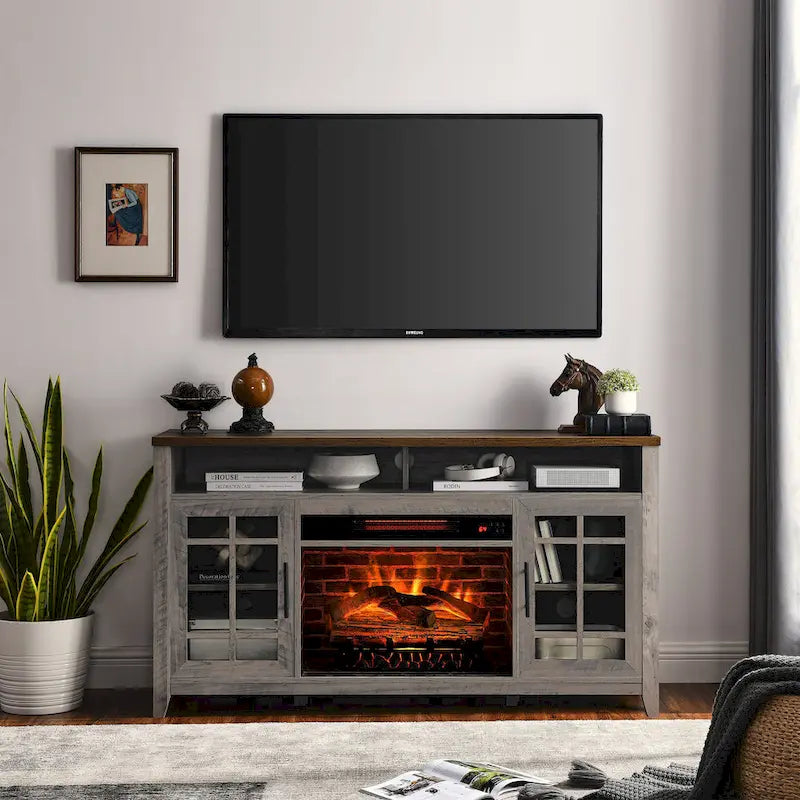 55 Inch Tv Media Stand With Electric Fireplace Kd Inserts Heater,Gray Wash Color