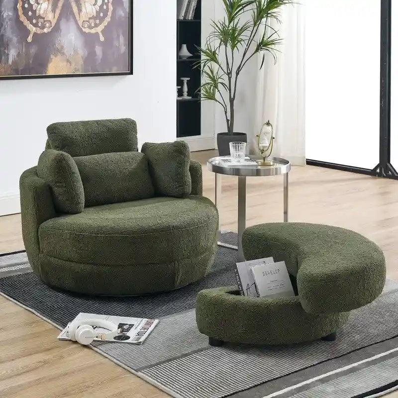 Circle Swivel Chair with Moon Storage Ottoman and 4 Pillows