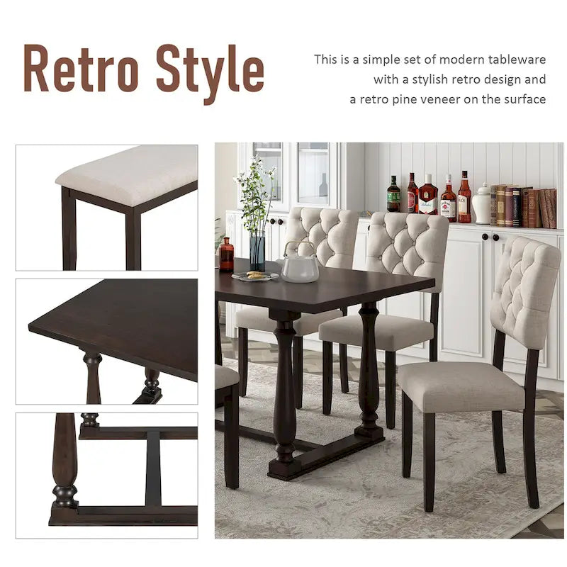 Nestfair 6-Piece Dining Table Set with 4 Chairs and 1 Bench