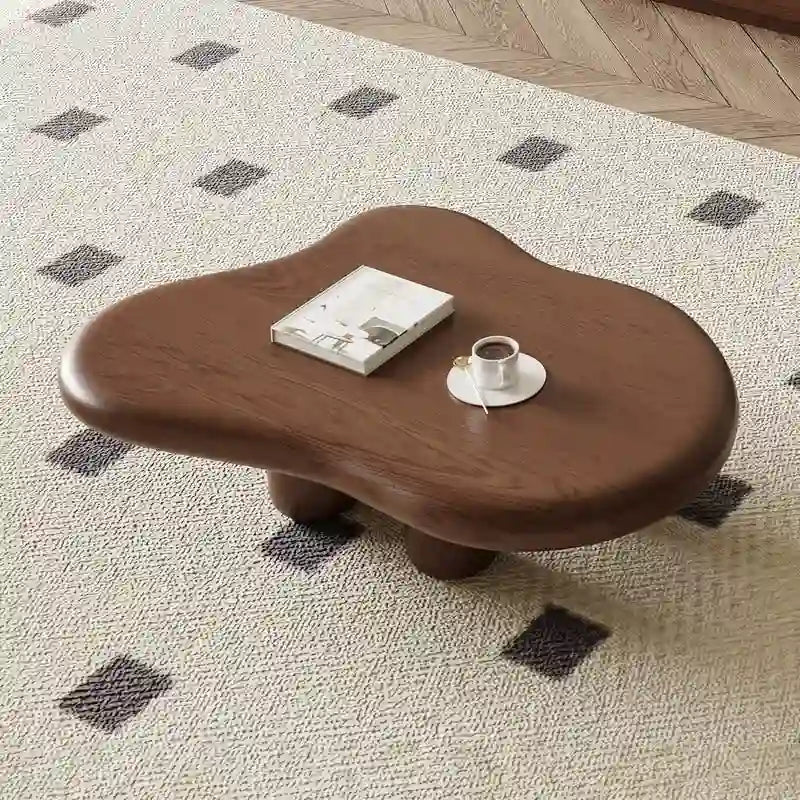 48.4inch Modern Walnut Cloud Shaped Coffee Table, Mid-Century Brown Solid Wood Coffee Table for Livingroom - 48