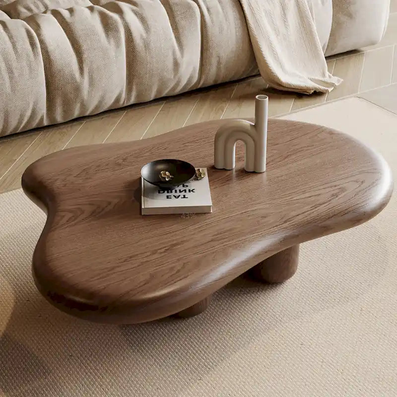 48.4inch Modern Walnut Cloud Shaped Coffee Table, Mid-Century Brown Solid Wood Coffee Table for Livingroom - 48