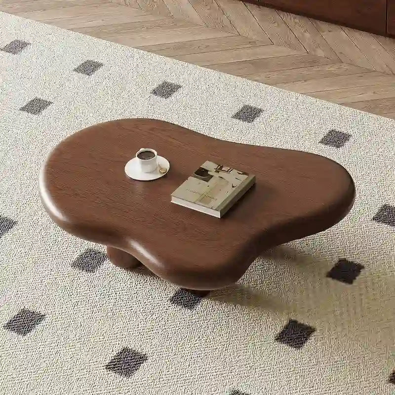 48.4inch Modern Walnut Cloud Shaped Coffee Table, Mid-Century Brown Solid Wood Coffee Table for Livingroom - 48