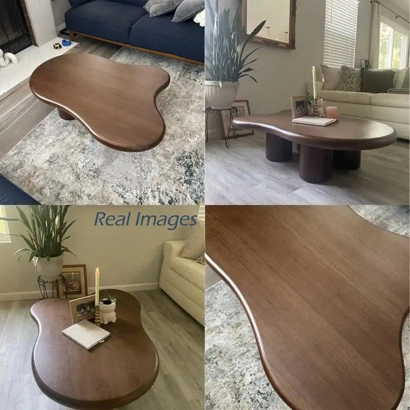 48.4inch Modern Walnut Cloud Shaped Coffee Table, Mid-Century Brown Solid Wood Coffee Table for Livingroom - 48
