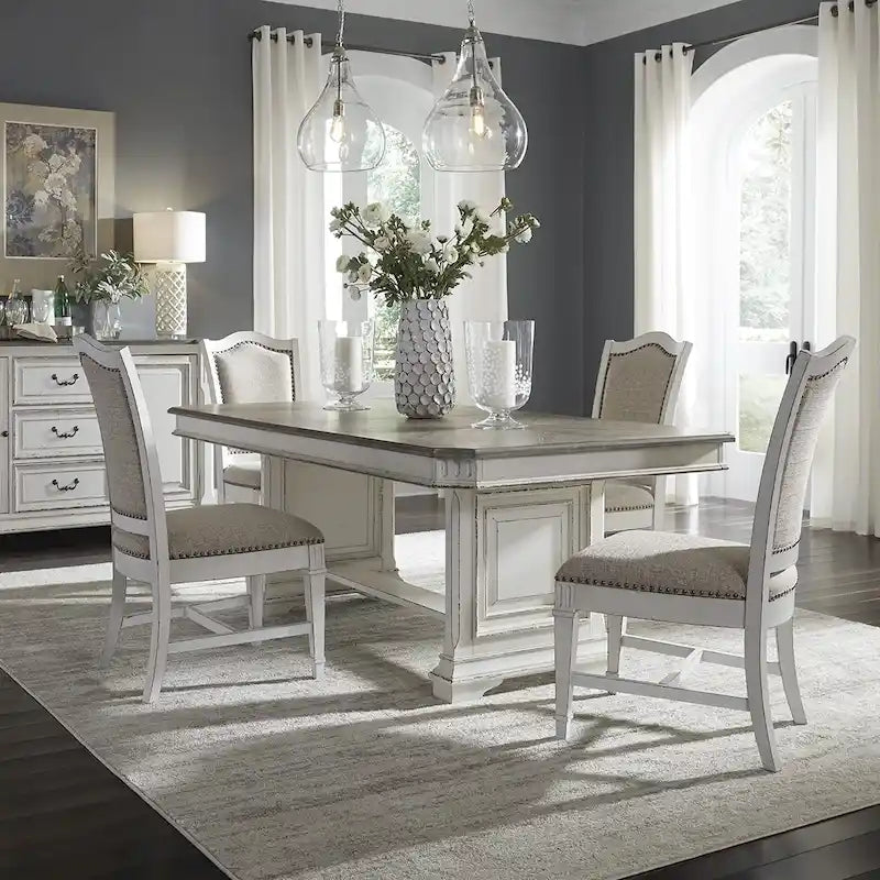 Abbey Park Weathered Brown & Antique White 5 Piece Trestle Table Set