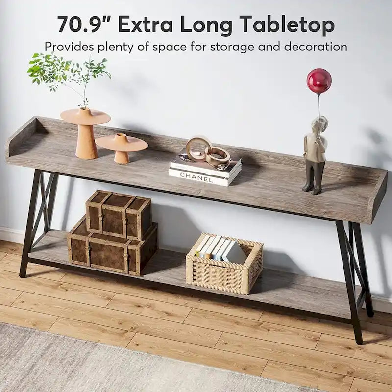 70.9 inch Long Entryway Table, Narrow Sofa Console Table Behind Couch Brown