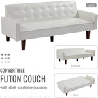 Faux Leather Futon Sofa Bed Sleeper Couch, Mid Century Button Tufted Upholstered Convertible Sofa Bed with Wooden Legs