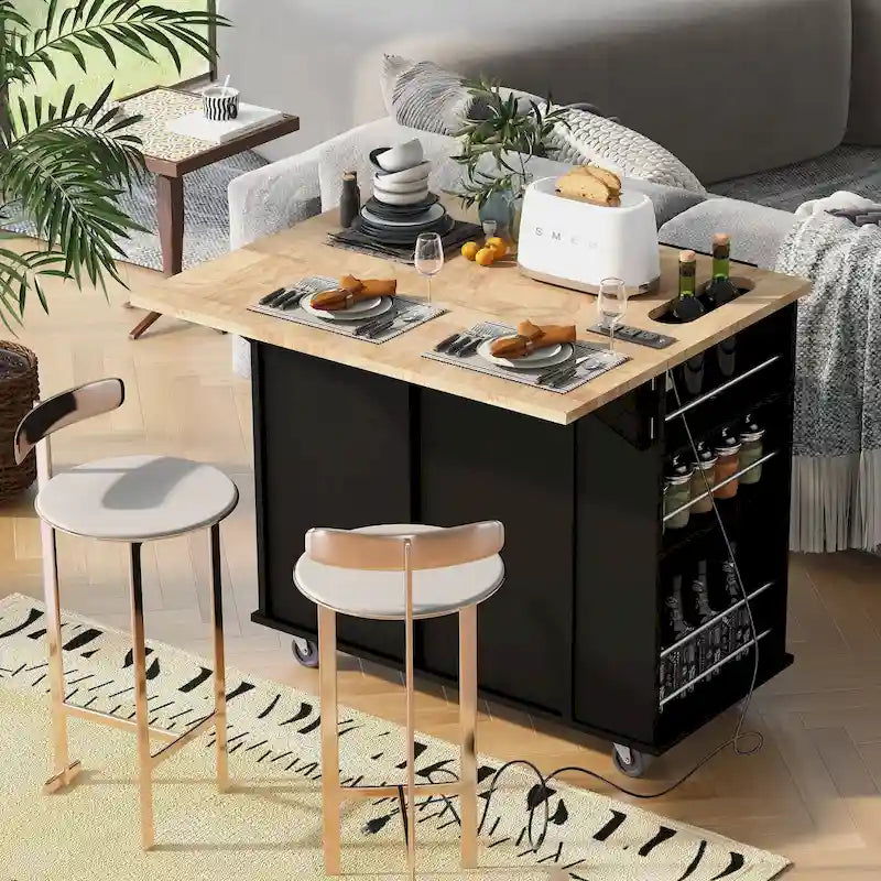 Kitchen Storage Island with Drop Leaf and Power Outlet For Dining Room