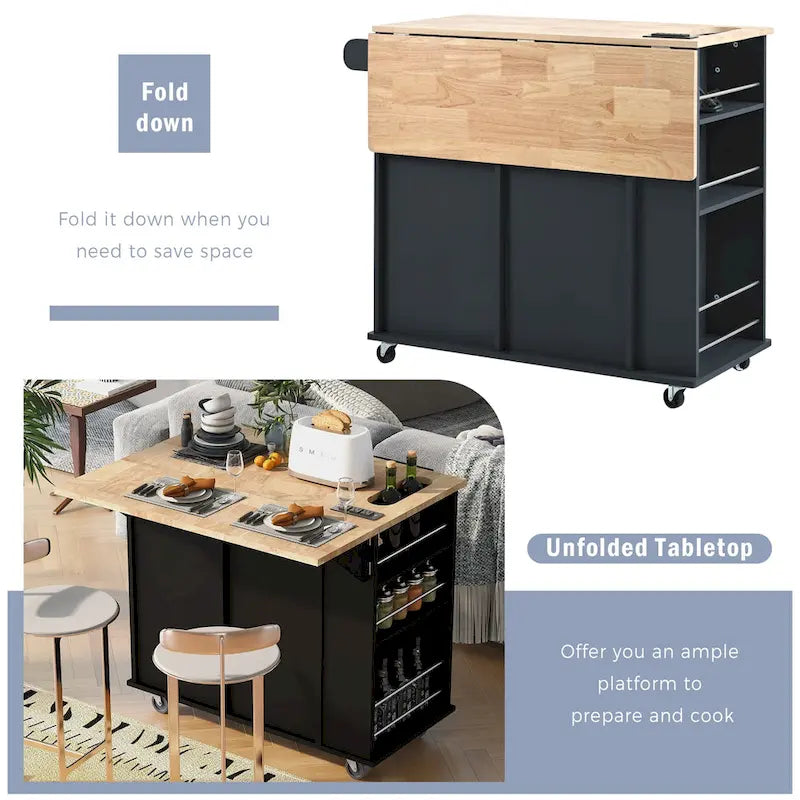 Kitchen Storage Island with Drop Leaf and Power Outlet For Dining Room