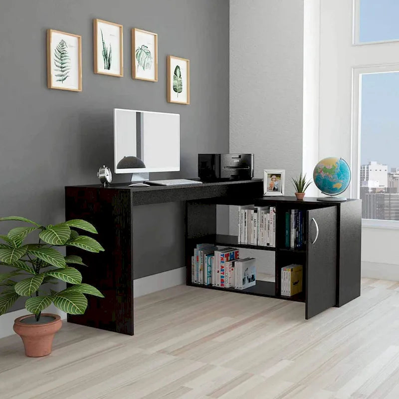FM Furniture Dallas L-Shaped Home Office Desk, Two Shelves, Single Door Cabinet