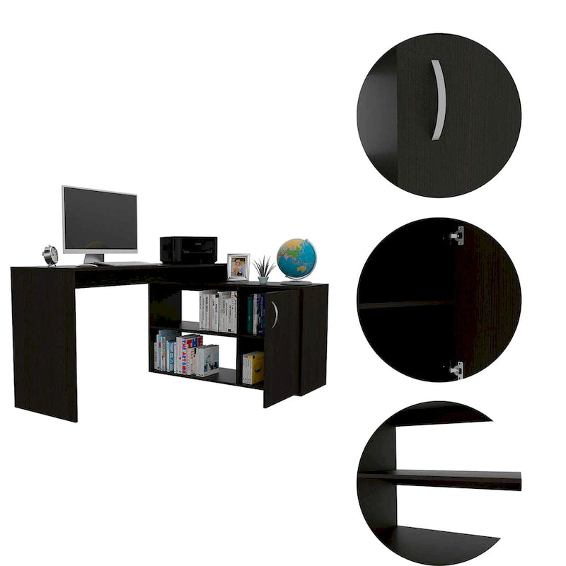 FM Furniture Dallas L-Shaped Home Office Desk, Two Shelves, Single Door Cabinet