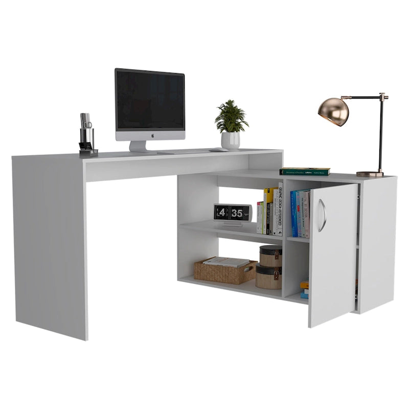 FM Furniture Dallas L-Shaped Home Office Desk, Two Shelves, Single Door Cabinet