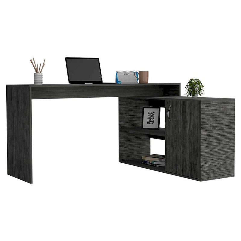 FM Furniture Dallas L-Shaped Home Office Desk, Two Shelves, Single Door Cabinet