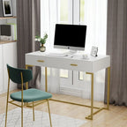 40 Inches Computer Desk White and Gold Desk with 2 Drawers