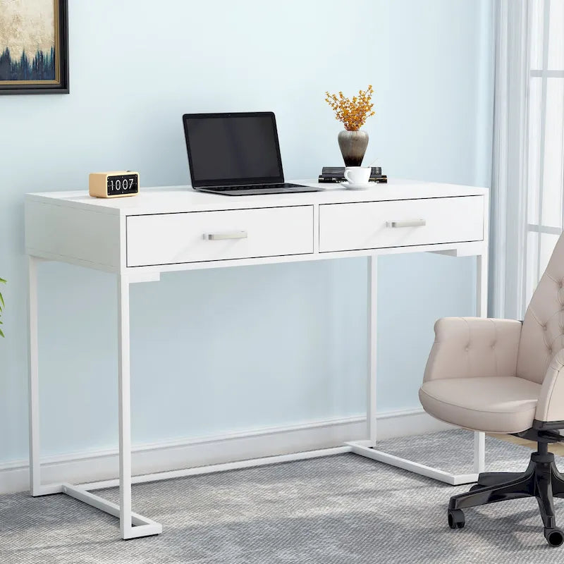 40 Inches Computer Desk White and Gold Desk with 2 Drawers