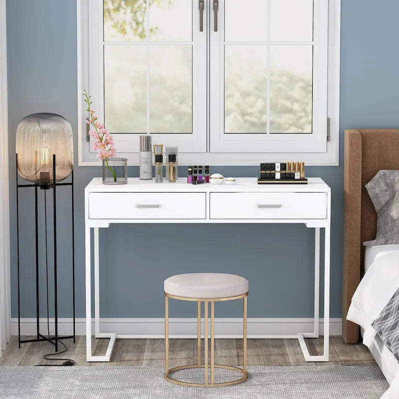 40 Inches Computer Desk White and Gold Desk with 2 Drawers