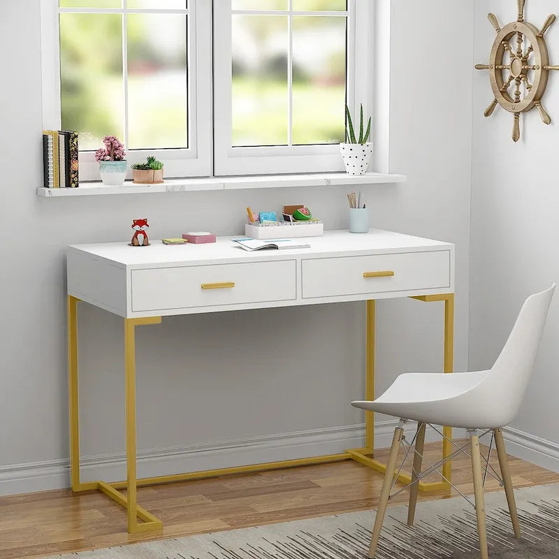 40 Inches Computer Desk White and Gold Desk with 2 Drawers