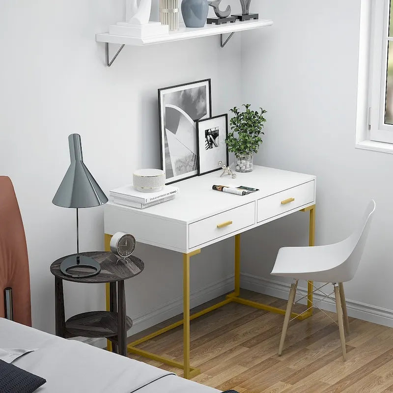 40 Inches Computer Desk White and Gold Desk with 2 Drawers