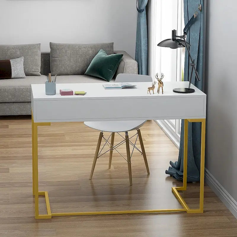 40 Inches Computer Desk White and Gold Desk with 2 Drawers