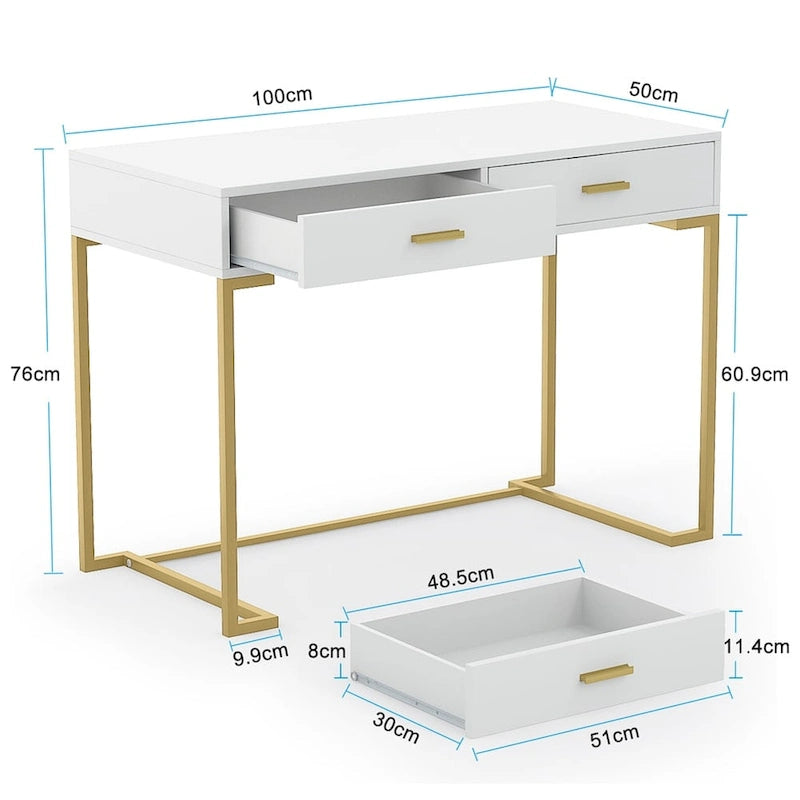 40 Inches Computer Desk White and Gold Desk with 2 Drawers