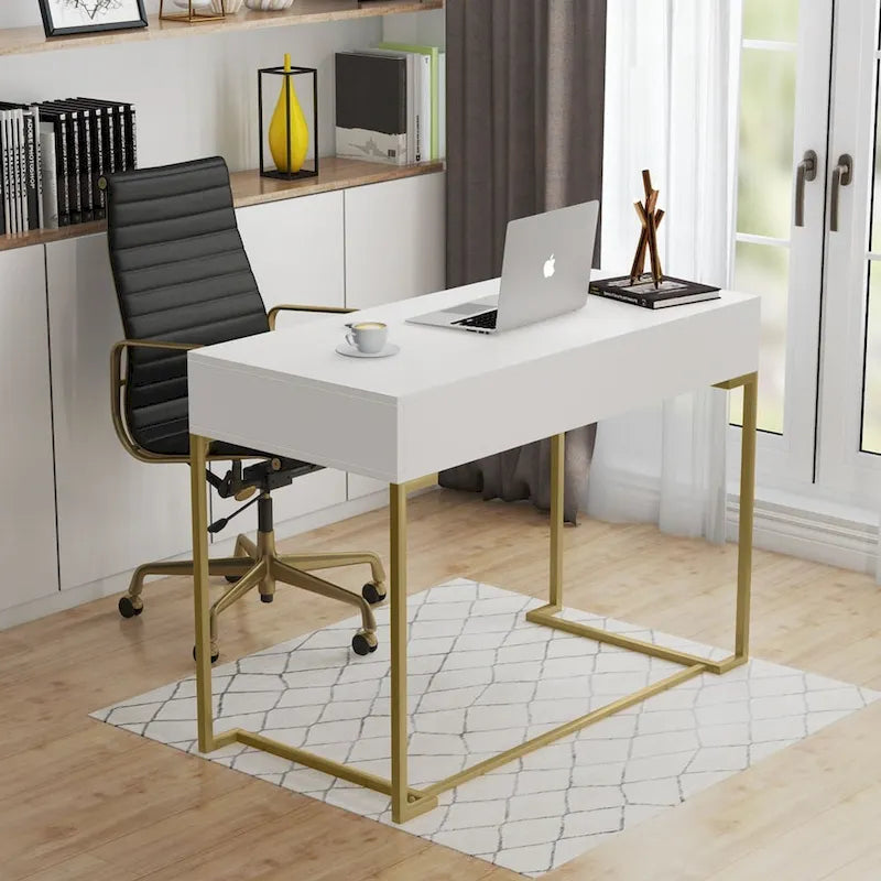 40 Inches Computer Desk White and Gold Desk with 2 Drawers