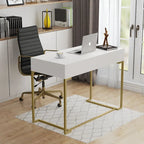 40 Inches Computer Desk White and Gold Desk with 2 Drawers