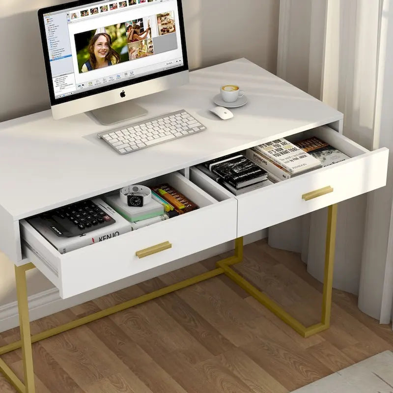 40 Inches Computer Desk White and Gold Desk with 2 Drawers