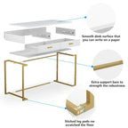 40 Inches Computer Desk White and Gold Desk with 2 Drawers