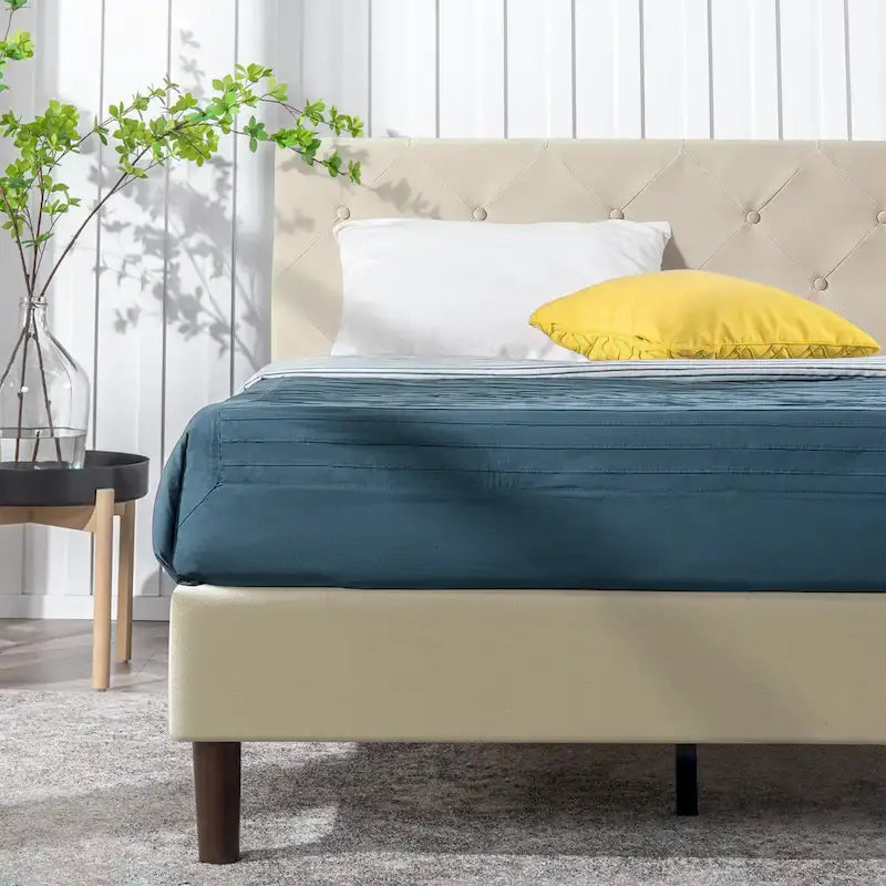 Priage by ZINUS Beige Upholstered Diamond Stitched Platform Bed Frame