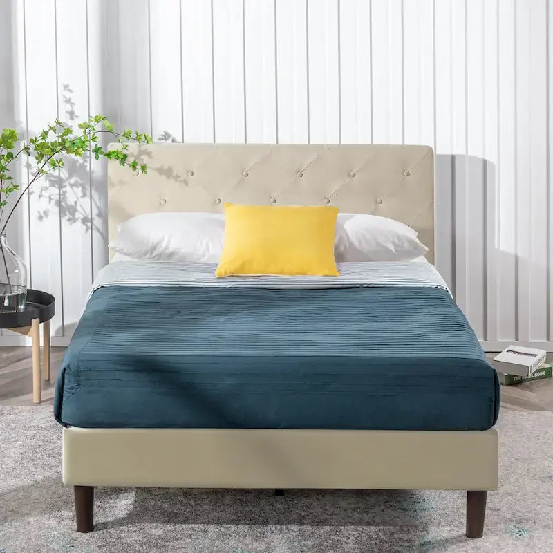 Priage by ZINUS Beige Upholstered Diamond Stitched Platform Bed Frame