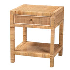 Adelia Modern Bohemian Natural Rattan and Mahogany Wood 1-Drawer Nightstand