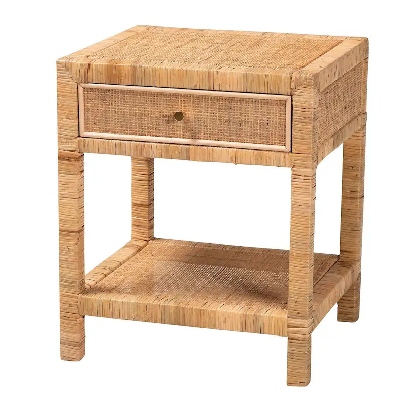 Adelia Modern Bohemian Natural Rattan and Mahogany Wood 1-Drawer Nightstand