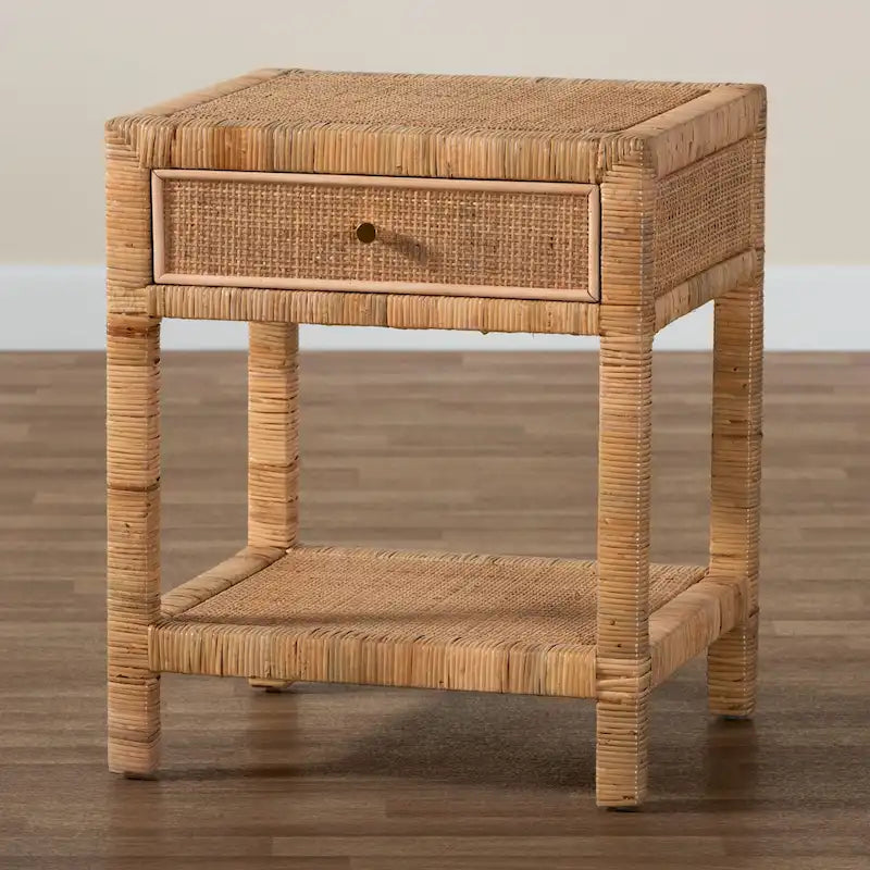 Adelia Modern Bohemian Natural Rattan and Mahogany Wood 1-Drawer Nightstand