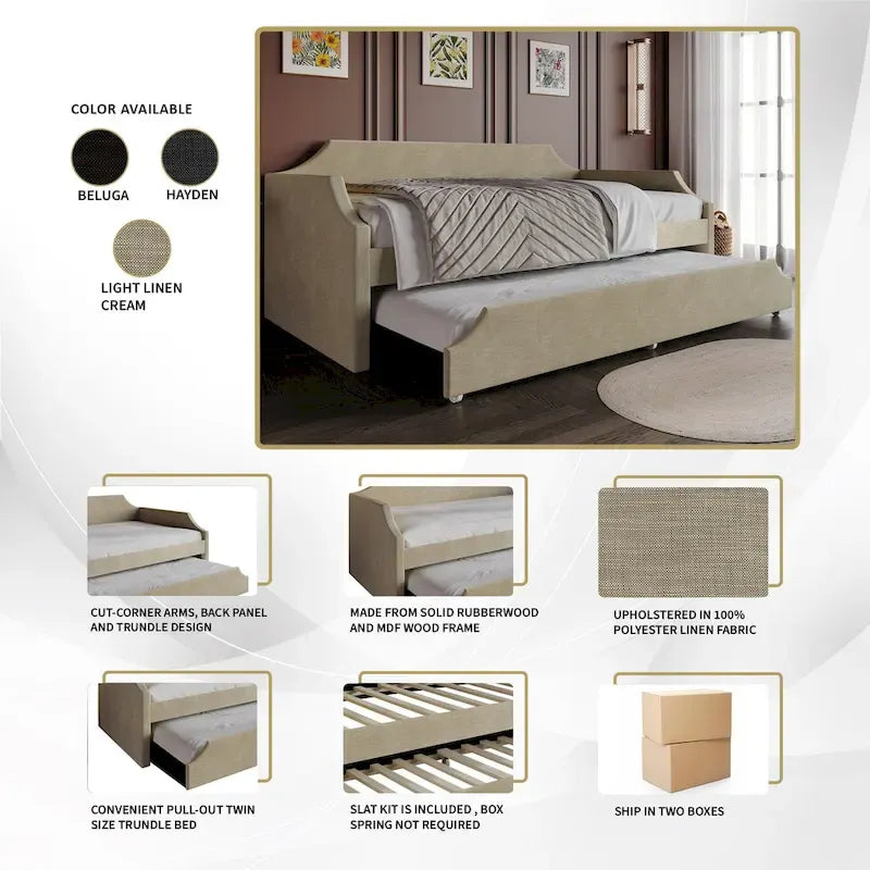 CraftPorch Elegance Linen Upholstered Twin Size Daybed with Trundle