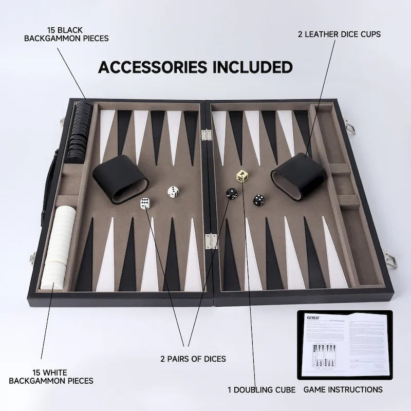 GSE 22 Premium Leather Backgammon Board Game Set, Portable Folding Backgammon Board Game with Game Pieces - Large