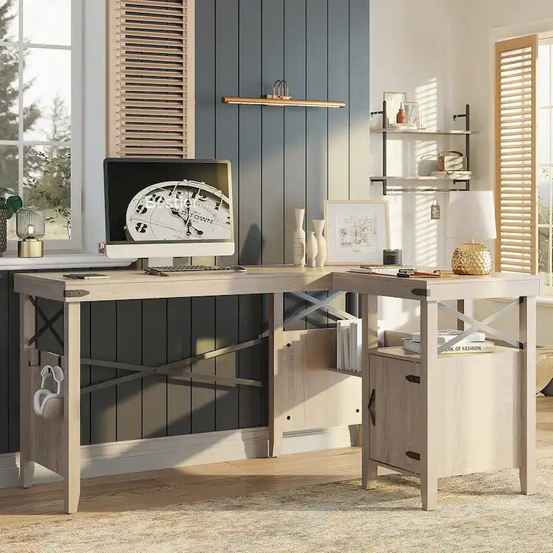 Farmhouse L Shaped Home Office Computer Desk with Storage Cabinet