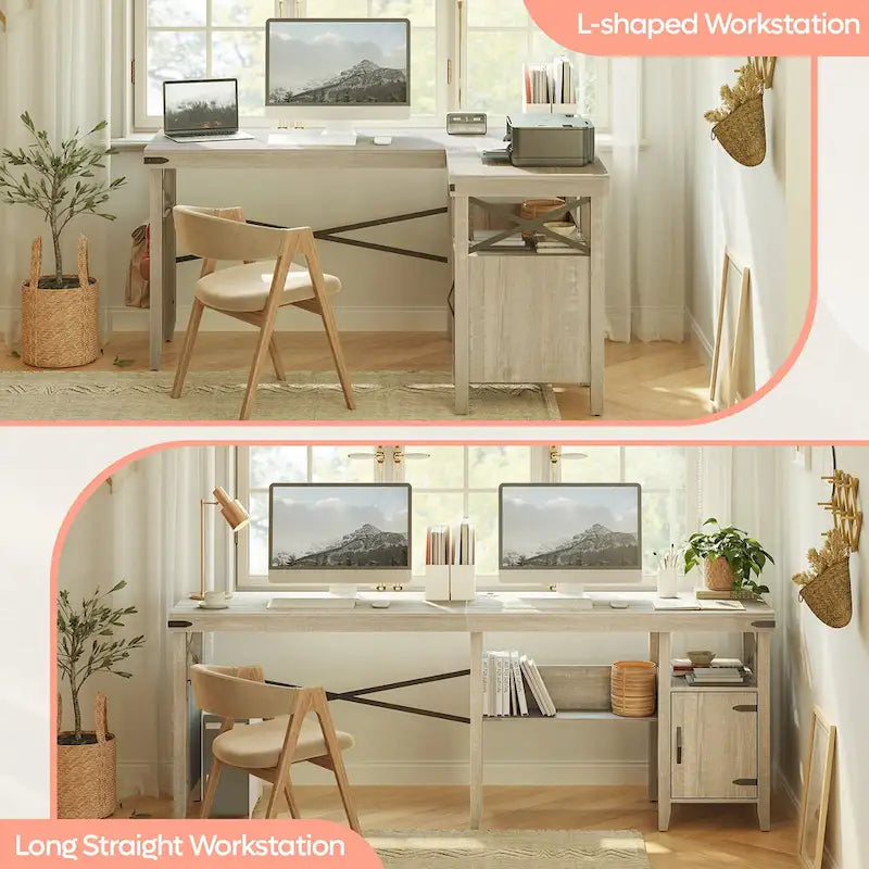Farmhouse L Shaped Home Office Computer Desk with Storage Cabinet