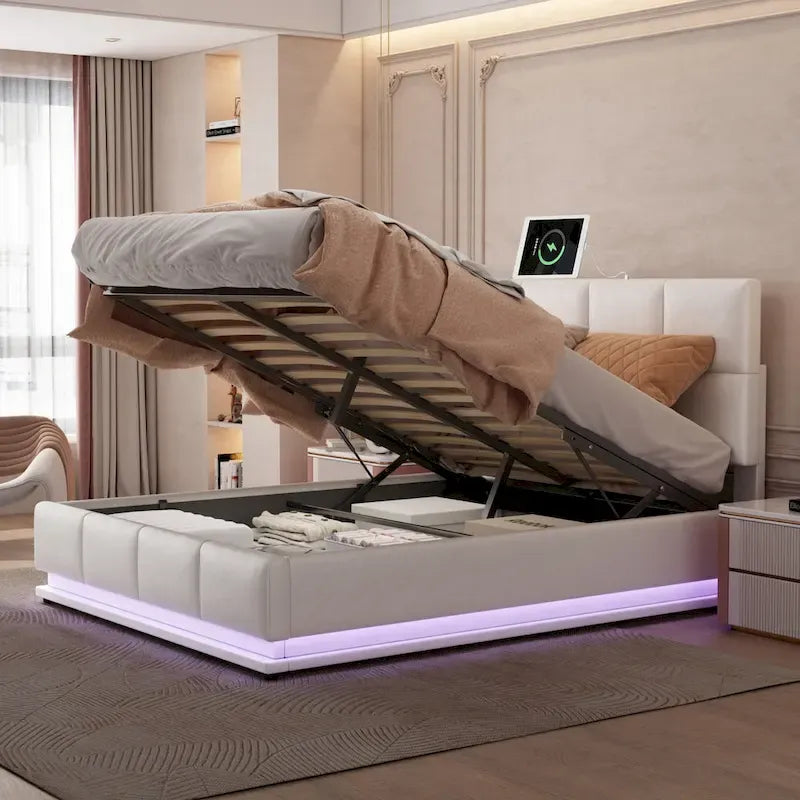 Tufted Upholstered Platform Bed with Hydraulic Storage System,Queen Size PU Storage Bed with LED Lights and USB charger