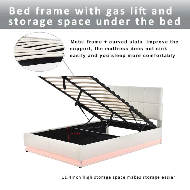 Tufted Upholstered Platform Bed with Hydraulic Storage System,Queen Size PU Storage Bed with LED Lights and USB charger