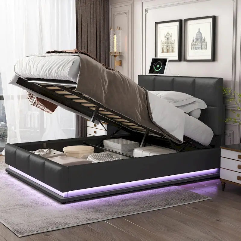 Tufted Upholstered Platform Bed with Hydraulic Storage System,Queen Size PU Storage Bed with LED Lights and USB charger