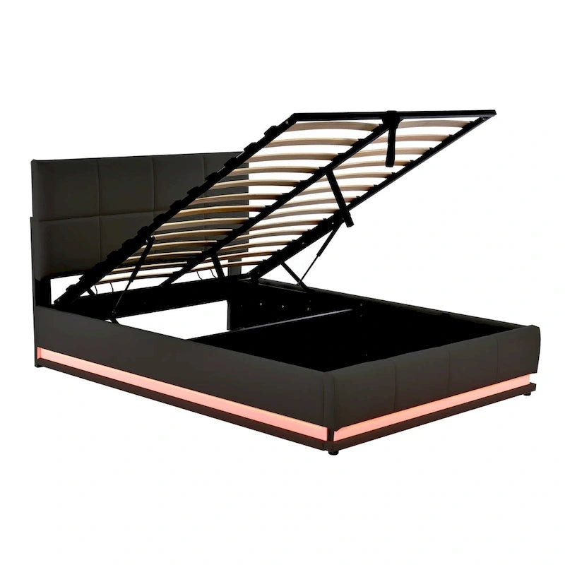 Tufted Upholstered Platform Bed with Hydraulic Storage System,Queen Size PU Storage Bed with LED Lights and USB charger