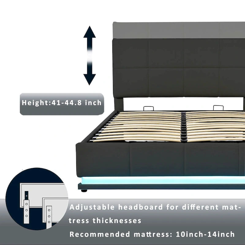Tufted Upholstered Platform Bed with Hydraulic Storage System,Queen Size PU Storage Bed with LED Lights and USB charger