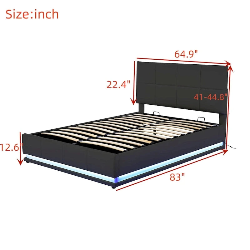 Tufted Upholstered Platform Bed with Hydraulic Storage System,Queen Size PU Storage Bed with LED Lights and USB charger