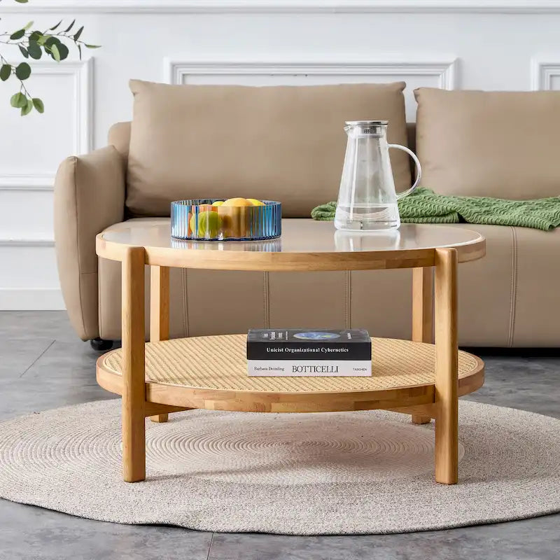 Circular double-layer solid wood tea table