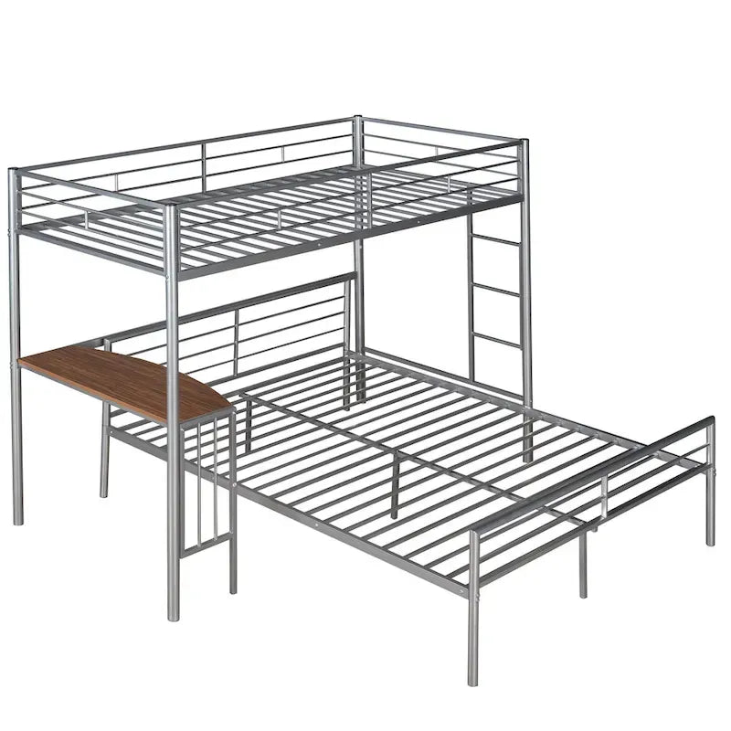 Twin Over Full Metal Bunk Bed with Desk, Ladder and Quality Slats for Bedroom, Metallic White_OLD SKU :LP000092AAK_
