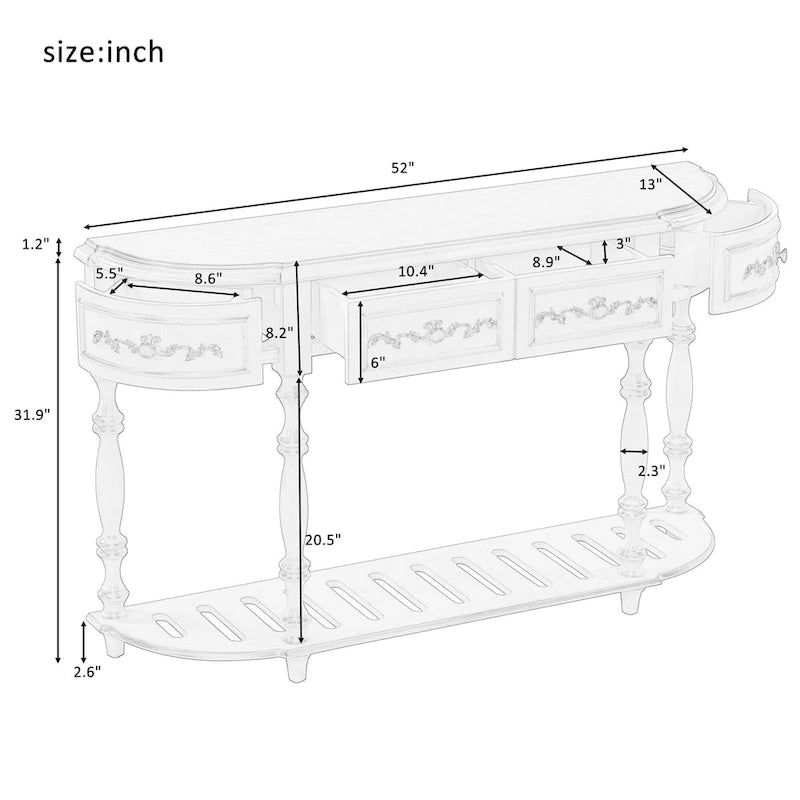 52 Modern and Contemporary Curved Console Table Sofa Table Entryway Table for Hallway Living Room with 4 Drawers and 1 Shelf