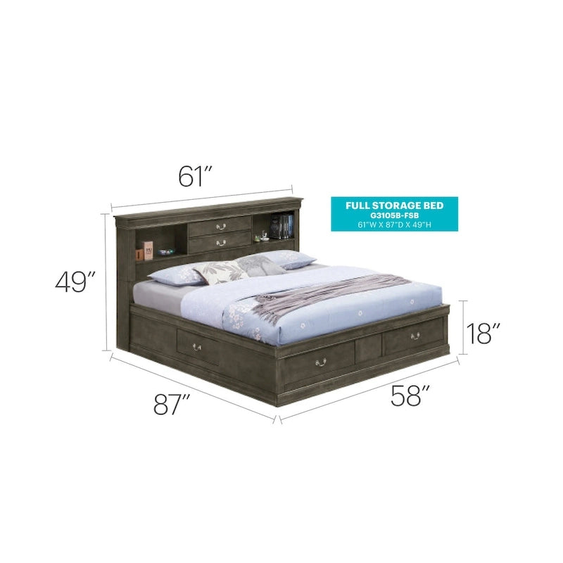 Louis Philippe Full Storage Platform Bed with 6 Storage Drawers