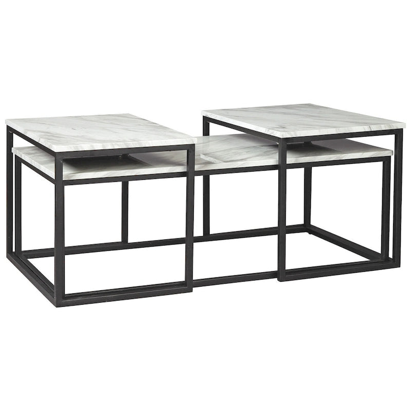 3 Piece Occasional Table, Metal Frame, Marble Top, White and Black